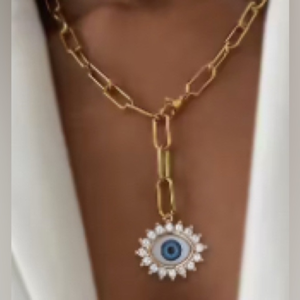 Gold Rhinestone Evil Eye Pendant Necklace